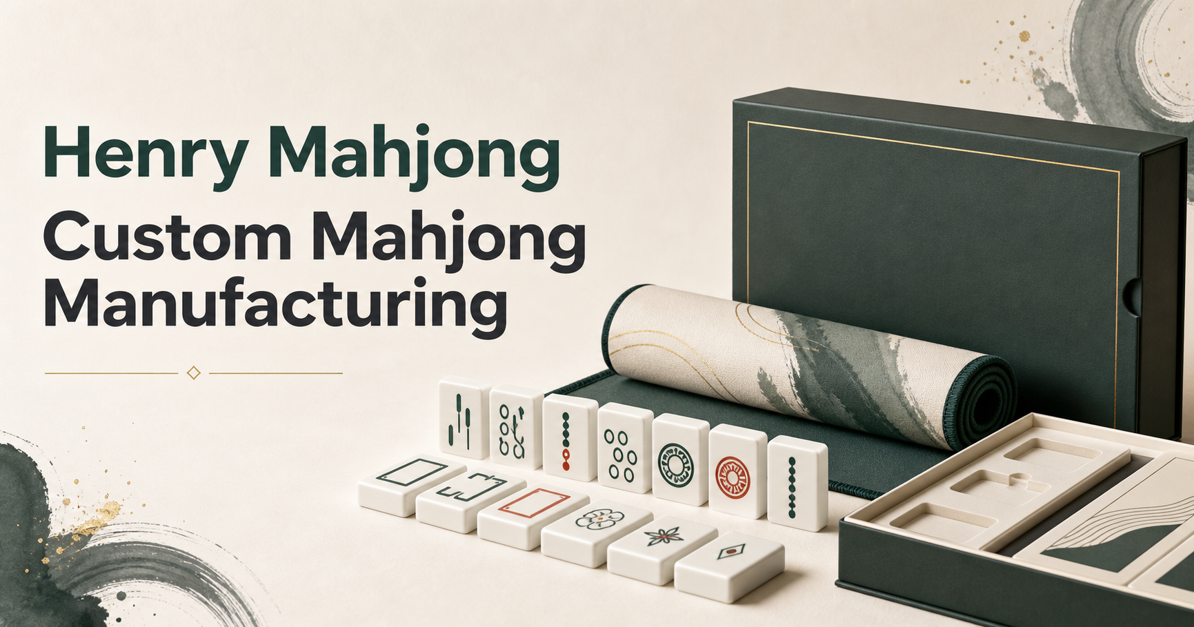 Custom Mahjong tiles, accessories, mat, and private-label packaging arranged for sample approval
